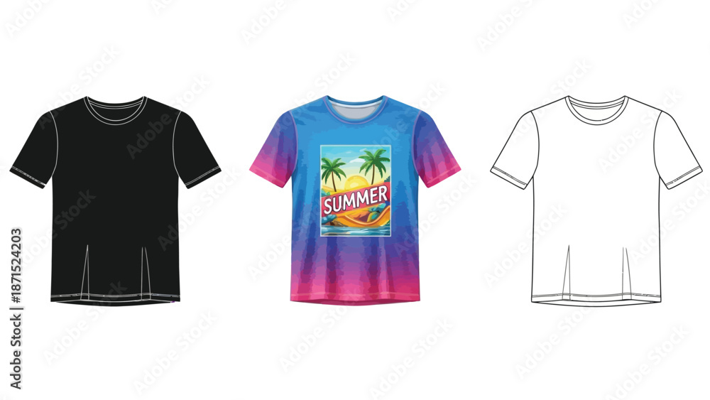 Naklejka premium T shirt clothing set in black colorful and outline styles representing casual fashion modern apparel and summer wear