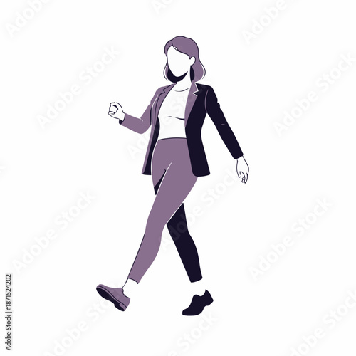 Businesswoman in professional attire walks forward confidently against a stark white background symbolizing career progression and dynamism.