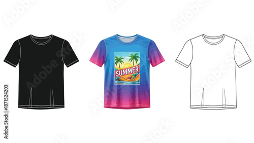 T shirt clothing set in black colorful and outline styles representing casual fashion modern apparel and summer wear