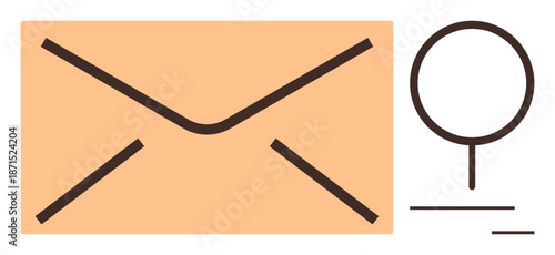 Email organization, mail services, data search, delivery processes, documents, messaging systems. A beige envelope and magnifying glass icon. Email organization and data search concept