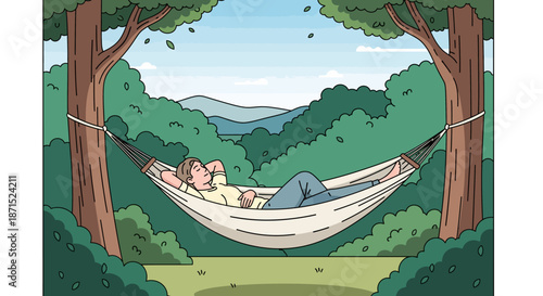 Serene forest scene with a person relaxing in a hammock.