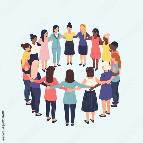 Diverse group of women standing in a circle holding hands together to illustrate unity, sisterhood, and female empowerment concepts.
