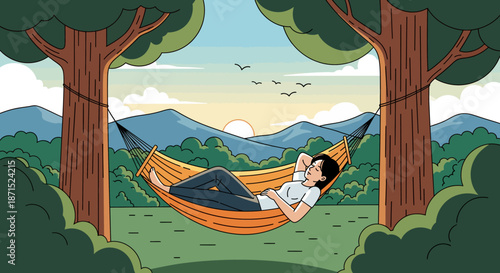 Woman Relaxing in Hammock between Trees in a Serene Landscape.