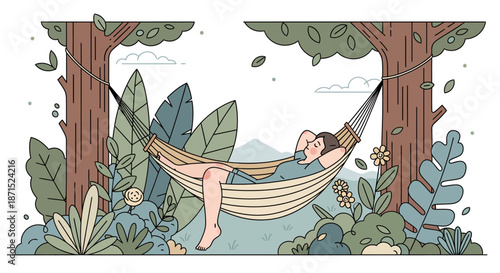 Woman Relaxing in Hammock Surrounded by Lush Greenery and Trees.