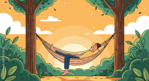 Woman Relaxing in Hammock between Trees under Sunny Sky.