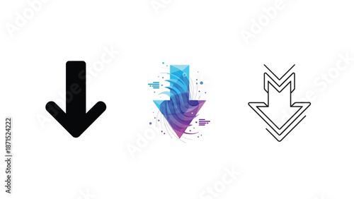 Download arrow set in black colorful and outline styles representing data transfer file saving and digital access