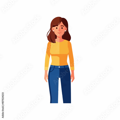 Woman character with brown hair wearing a yellow top and blue jeans stands confidently presenting a friendly and approachable demeanor.