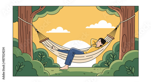 Man Relaxing in Hammock between Trees on a Sunny Day.