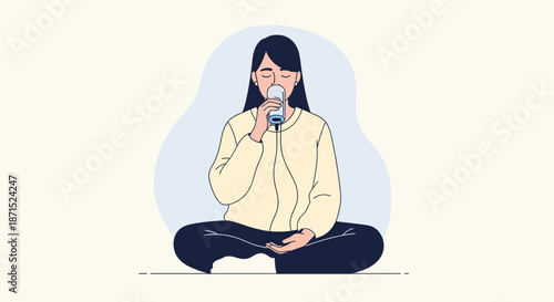 Woman meditating with microphone in a peaceful setting.