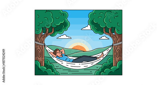 Couple Relaxing in Hammock Under Trees at Sunset.