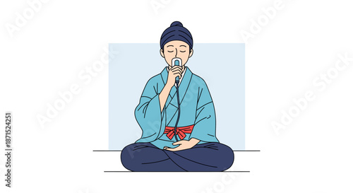 Man meditating in lotus position with serene expression.