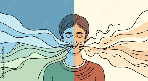 Man experiencing contrasting emotions with split colorful background.