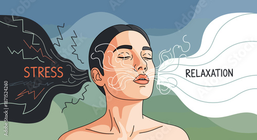 Woman transitioning from stress to relaxation with serene background.