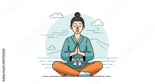 Serene illustration of a person meditating in lotus position with hands together.