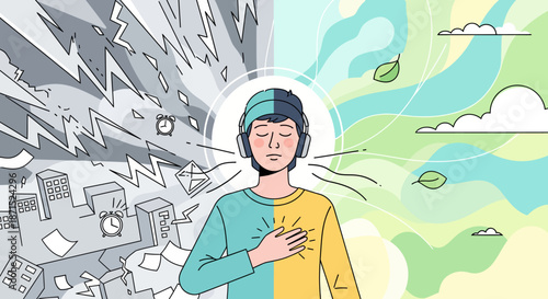 Man experiencing stress relief through meditation in a polluted city.