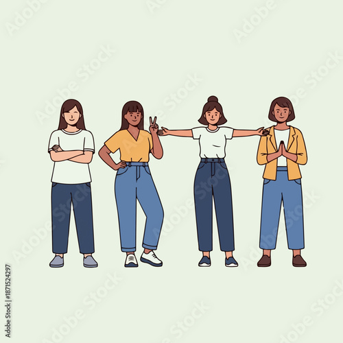 Four diverse women stand together displaying different attitudes and gestures representing unity and individual expression in modern flat.