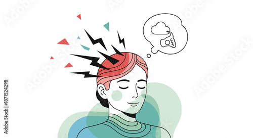 Woman experiencing mental health issue with thought bubble.