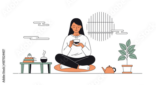 Woman meditating with smartphone in a serene environment.
