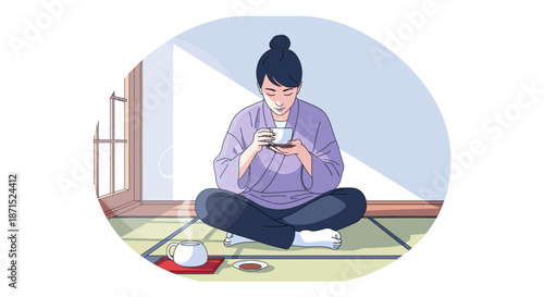 Man sitting on traditional Japanese mat drinking tea.