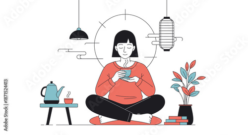 Woman meditating with smartphone in a minimalist interior.