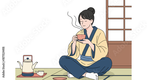 Woman in traditional Japanese clothing enjoying tea in a serene setting.