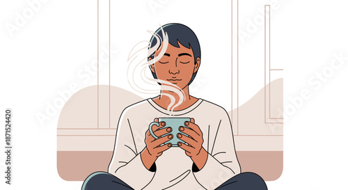 Woman relaxing with a cup of coffee or tea at home.