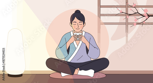 Serene illustration of a man meditating with tea in a peaceful setting.