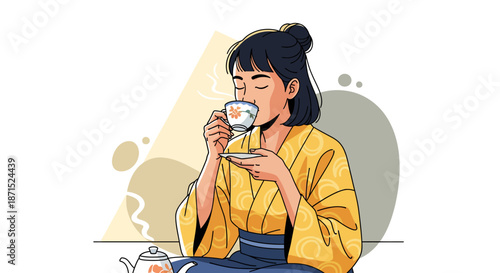 Woman in traditional Japanese attire enjoying a cup of tea.