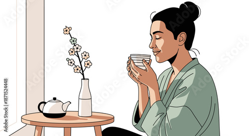 Woman enjoying a cup of tea in a serene environment.