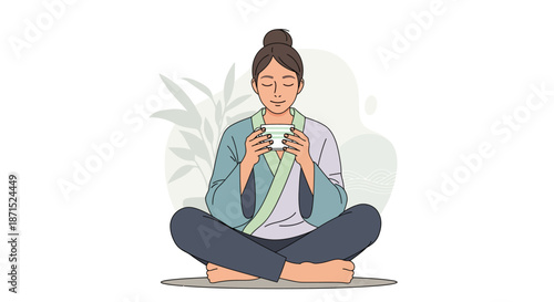 Woman meditating with a cup of coffee.