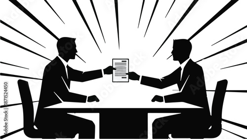 Business professionals exchanging documents in modern office setting, partnership and agreement concept