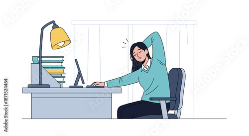 Woman Stretching at Desk with Laptop.