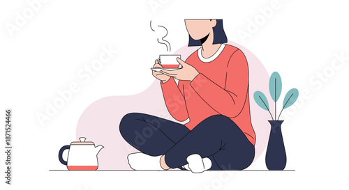 Woman Sitting on Floor Drinking Tea from a Cup.