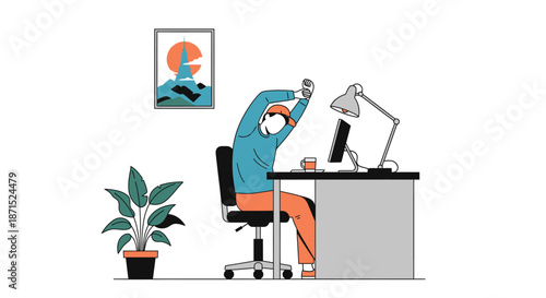 Man stretching at office desk with computer and plant.