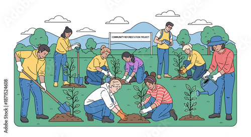 Group of people planting trees together in a garden.