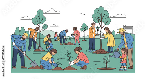 Community members engaging in a tree planting activity together outdoors.