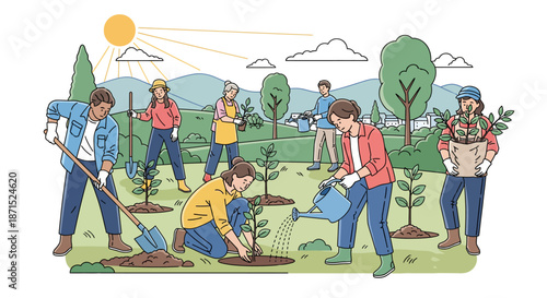 Group of people gardening together in a sunny field.