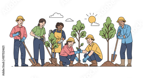 Group of people planting trees together outdoors.