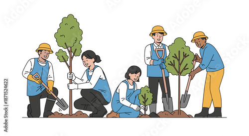 Group of people planting trees together in a community effort.