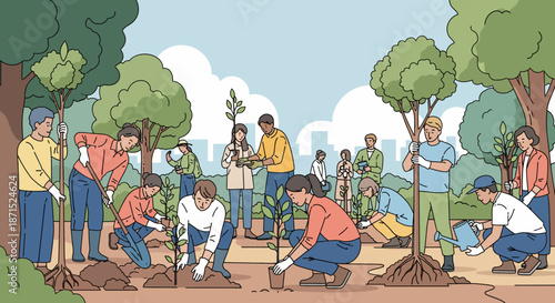 Community members engaging in a tree planting activity together outdoors.