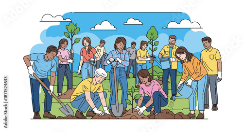 Diverse group of people planting trees together in a park.