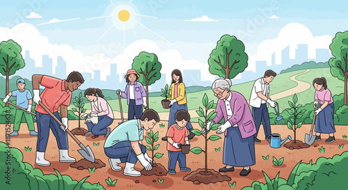 Community members planting trees together in a park.