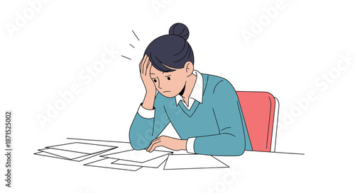 Woman sitting at desk overwhelmed by paperwork and documents.