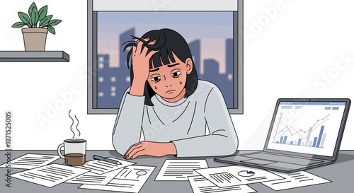 Stressed woman working on laptop with papers and coffee.