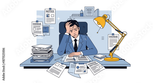 Overwhelmed office worker surrounded by paperwork and documents.