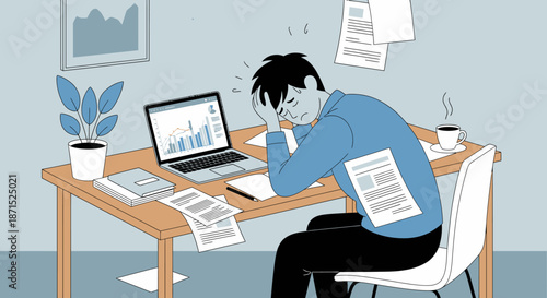 Overwhelmed office worker surrounded by paperwork and laptop.