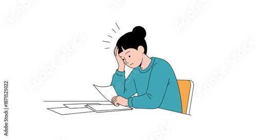 Woman sitting at desk looking stressed while reading a document.