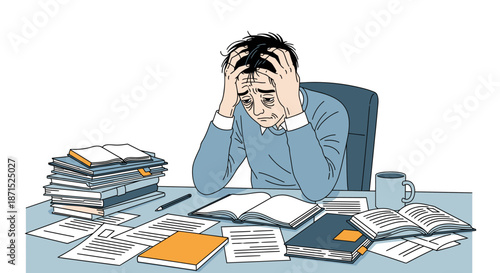 Overwhelmed office worker surrounded by paperwork and documents.