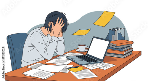 Overwhelmed office worker surrounded by paperwork and laptop.