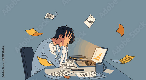 Overwhelmed office worker surrounded by paperwork and documents.